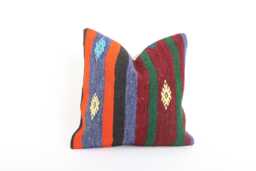 Vintage Turkish Kilim Pillow Cover Handwoven Wool Throw - 16x16 - thumbnail 1