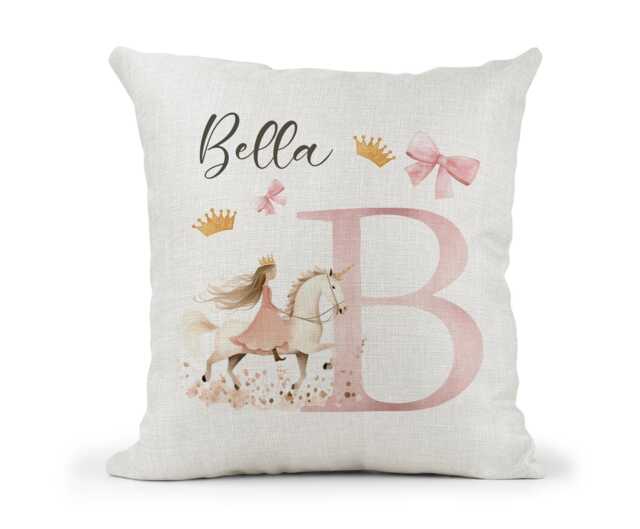 Personalised Name & Initial Girls Princess Unicorn Bows Cream Canvas Cushion, Scatter Home Decor, Girls - image 1