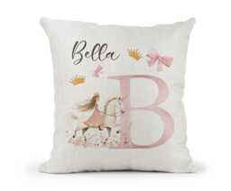 Personalised Name & Initial Girls Princess Unicorn Bows Cream Canvas Cushion, Scatter Home Decor, Girls - thumbnail 1