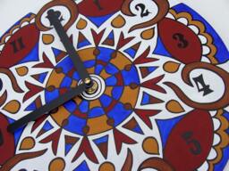Walnut Wheel Mandala Record Clock - Geometric Design in White, Blue & Brown Bohemian Decor Made From Recycled Vinyl