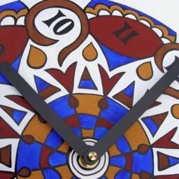 Walnut Wheel Mandala Record Clock - Geometric Design in White, Blue & Brown Bohemian Decor Made From Recycled Vinyl - thumbnail 2