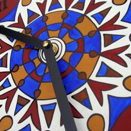 Walnut Wheel Mandala Record Clock - Geometric Design in White, Blue & Brown Bohemian Decor Made From Recycled Vinyl - thumbnail 4