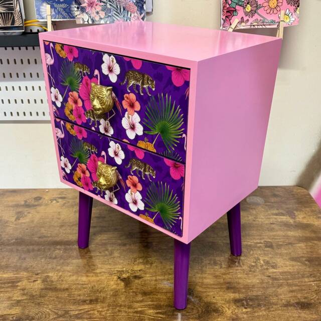 Light Pink & Purple Square Bedside Table, Two Drawers, Ideal Nightstand. Flamingo Leopard Tropical Leaf Design. Customisable End Table - image 1
