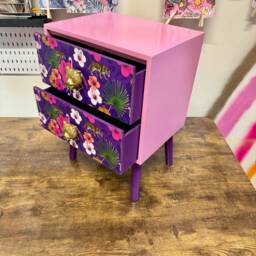 Light Pink & Purple Square Bedside Table, Two Drawers, Ideal Nightstand. Flamingo Leopard Tropical Leaf Design. Customisable End Table - thumbnail 2