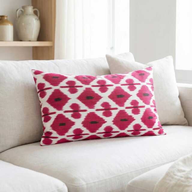 Silk Ikat Lumbar Cushion Hand-Loomed Uzbek Pillow - 14x22 - image 1