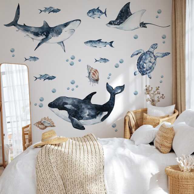 Ocean Predators Wall Decals - Orca Shark Stingray Peel & Stick Watercolor Sea Life Stickers - image 1