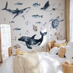 Ocean Predators Wall Decals - Orca Shark Stingray Peel & Stick Watercolor Sea Life Stickers - thumbnail 1
