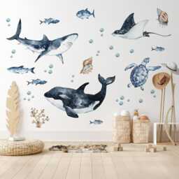 Ocean Predators Wall Decals - Orca Shark Stingray Peel & Stick Watercolor Sea Life Stickers - thumbnail 2
