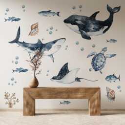 Ocean Predators Wall Decals - Orca Shark Stingray Peel & Stick Watercolor Sea Life Stickers - thumbnail 4