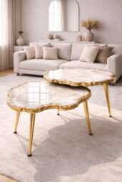 2 X Luxury Nesting Geode-Look Coffee Tables, Handmade Epoxy Resin & Wood Art Marble Side Table Set, Modern Home Decor Gold Legs - thumbnail 1