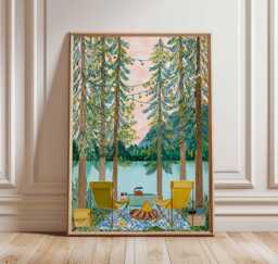 Lakeside Camping Poster, Outdoor Adventure Wall Art Print, Nature Decor, Camper Gift, Wilderness Print - thumbnail 1