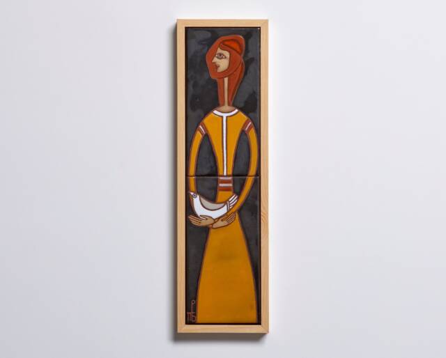 Hand Painted Ceramic Tile Portrait, Black & Yellow Framed Wall Art - image 1