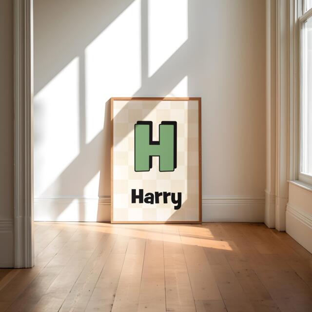 Boys Name, Initial Print, Retro Style Boys Bedroom, Nursery, Cool Kids Teen Prints, Checkerboard, Colourful Decor - image 1