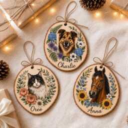 Custom Wooden Pet Portrait Ornament, Round Floral Christmas Decoration - thumbnail 4