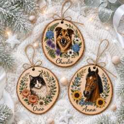 Custom Wooden Pet Portrait Ornament, Round Floral Christmas Decoration - thumbnail 1