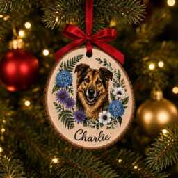 Custom Wooden Pet Portrait Ornament, Round Floral Christmas Decoration - thumbnail 2