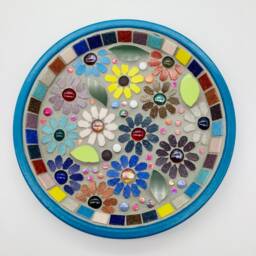 Rainbow Mosaic Birdbath - Handcrafted Flower Design For Garden Water Dish - thumbnail 3