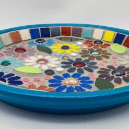 Rainbow Mosaic Birdbath - Handcrafted Flower Design For Garden Water Dish - thumbnail 2