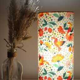 Tube Lamp To Put On Children's Bedroom Toucan Fabric, Tropical Flower Pattern, White Jungle Fabric For Children, Print Animal Bedside - thumbnail 3