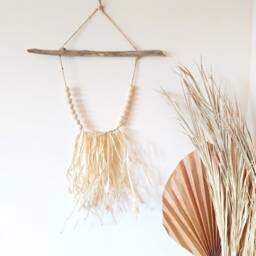 Ethnic Wall Wreath, Boho Chic Art, Raffia Decoration, Natural Decor, Wood Branch - thumbnail 3
