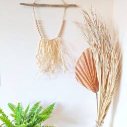 Ethnic Wall Wreath, Boho Chic Art, Raffia Decoration, Natural Decor, Wood Branch - thumbnail 2