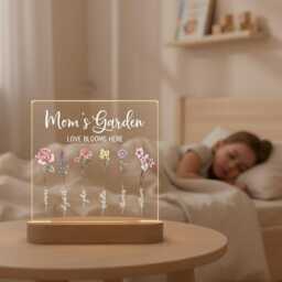 Personalized Mom's Garden Night Light, Custom Birth Flower Lamp, Acrylic Led Mother's Day Gift For Mom, Beech Wood Base Lamp - thumbnail 2