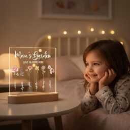 Personalized Mom's Garden Night Light, Custom Birth Flower Lamp, Acrylic Led Mother's Day Gift For Mom, Beech Wood Base Lamp - thumbnail 3