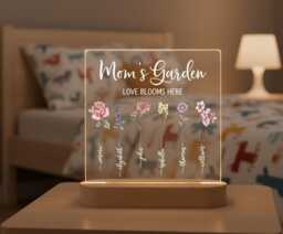 Personalized Mom's Garden Night Light, Custom Birth Flower Lamp, Acrylic Led Mother's Day Gift For Mom, Beech Wood Base Lamp