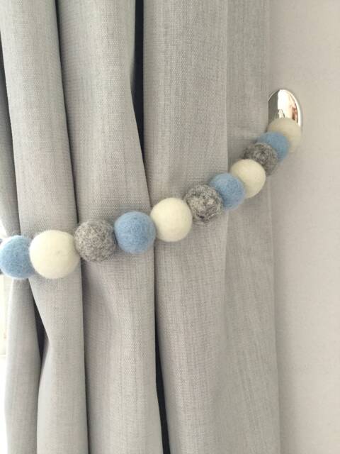 Blue & Grey Felt Ball Curtain Tie Backs Nursery Decor - image 1