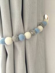 Blue & Grey Felt Ball Curtain Tie Backs Nursery Decor - thumbnail 1