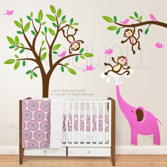 Monkeys & Elephant Wall Decal Tree Children Kid Nursery Decal Wall Sticker Home Decor - image 1