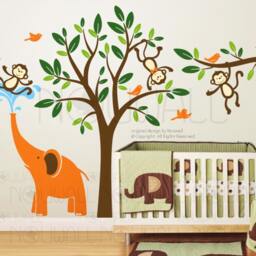 Monkeys & Elephant Wall Decal Tree Children Kid Nursery Decal Wall Sticker Home Decor - thumbnail 2