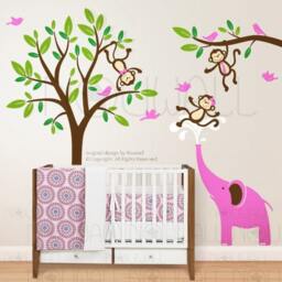 Monkeys & Elephant Wall Decal Tree Children Kid Nursery Decal Wall Sticker Home Decor - thumbnail 1