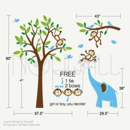 Monkeys & Elephant Wall Decal Tree Children Kid Nursery Decal Wall Sticker Home Decor - thumbnail 3