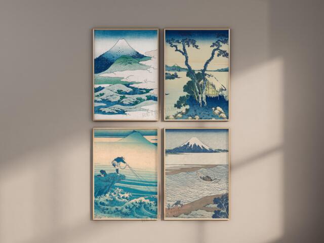 Blue Vintage Wall Art Set Of 4 Canvas/Prints Framed High Quality Japanese Poster, Ukiyo-E Living Room Decorations, Above Bed Art - image 1