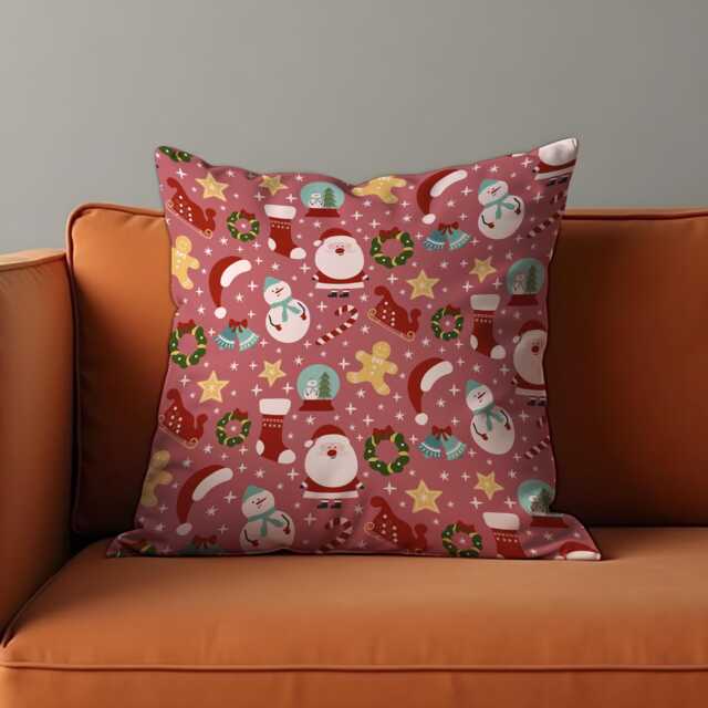 Christmas Cushion Cover With Santa & Snowman Print, Pink Holiday Throw Pillowcase, Cute Festive Decorative Case For Sofa Home Decor - image 1