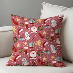 Christmas Cushion Cover With Santa & Snowman Print, Pink Holiday Throw Pillowcase, Cute Festive Decorative Case For Sofa Home Decor - thumbnail 4