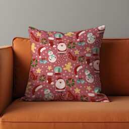 Christmas Cushion Cover With Santa & Snowman Print, Pink Holiday Throw Pillowcase, Cute Festive Decorative Case For Sofa Home Decor