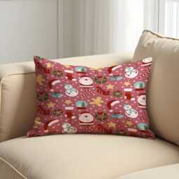 Christmas Cushion Cover With Santa & Snowman Print, Pink Holiday Throw Pillowcase, Cute Festive Decorative Case For Sofa Home Decor - thumbnail 2
