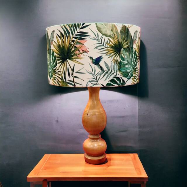 Hummingbird Lampshade Tropical Palm Leaf Drum Shade With Gold Lining - image 1