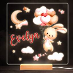 Flying Rabbit Heart Balloons Colourful Square Personalised Gift Lamp Night Light - Bedroom