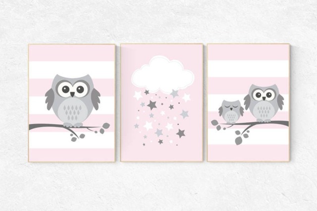 Owl Nursery Wall Art Pink Baby Girl Room Decor - image 1