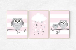 Owl Nursery Wall Art Pink Baby Girl Room Decor - thumbnail 1