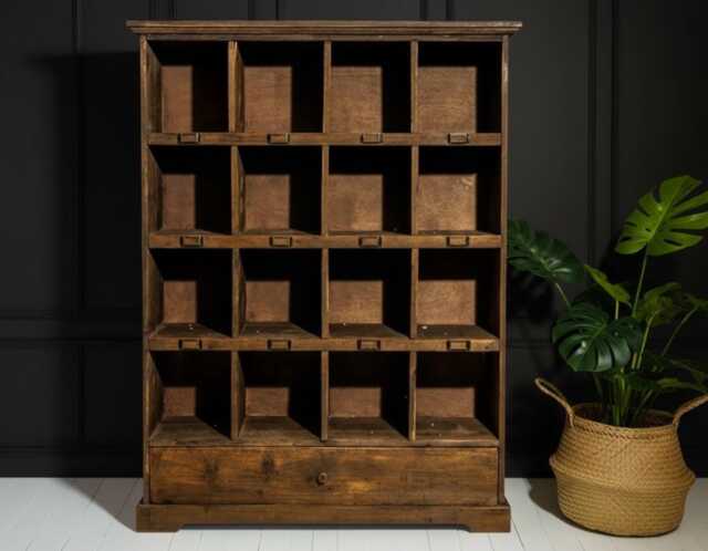 16 Cubby Storage Cabinet Rustic Wood - Tall Display Shelving 100cm Multi Compartment Organiser Office Hallway Lounge Furniture - image 1