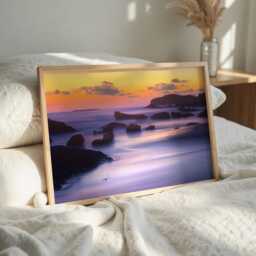 Rocky Beach Sunset Print, Coastal Photography Wall Art, House Decor - thumbnail 3