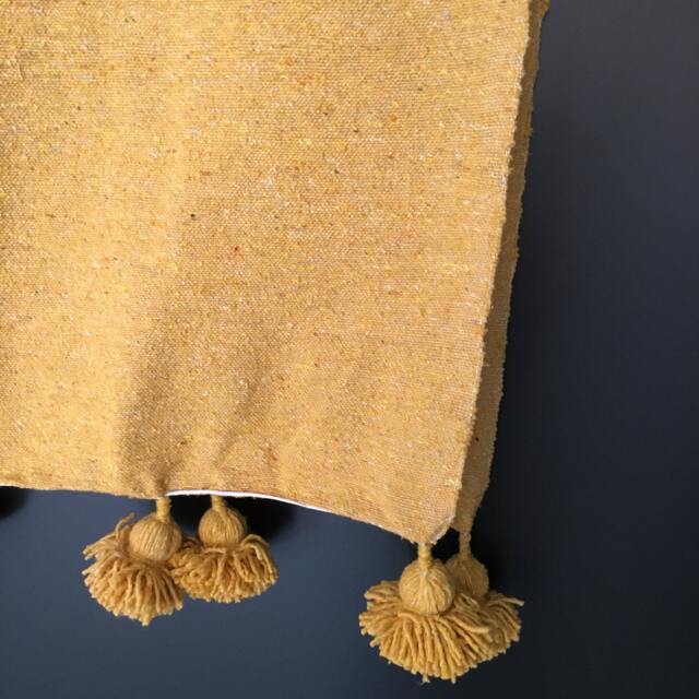 Moroccan Mustard Yellow Pom Throw Blanket With Tassels - Duvet Cover Made From Hand Woven Cotton Couch Bed End - image 1