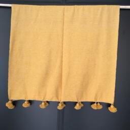 Moroccan Mustard Yellow Pom Throw Blanket With Tassels - Duvet Cover Made From Hand Woven Cotton Couch Bed End - thumbnail 3