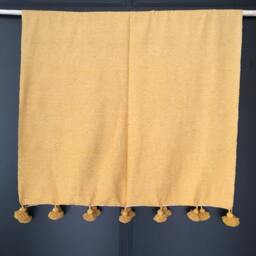 Moroccan Mustard Yellow Pom Throw Blanket With Tassels - Duvet Cover Made From Hand Woven Cotton Couch Bed End - thumbnail 2