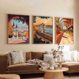 Set Of 3 Budapest Posters, Hungary Travel Wall Art Prints Set, European Cityscape Decor, Danube River Poster - thumbnail 1