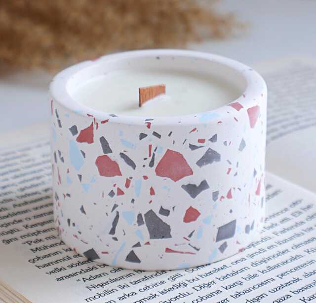 Terrazzo Soy Candle With Wooden Wick, Handmade Decorative Candle, Modern Home Decor, Pastel Vessel, Housewarming Gift - image 1